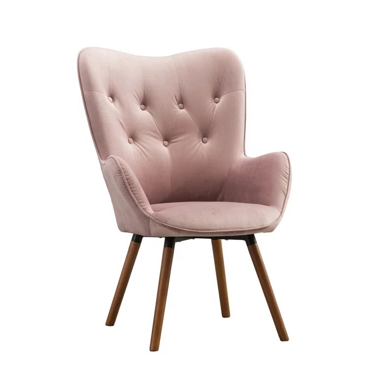 Elegant Brown Velvet Barrel Accent Chair with Wing Back and Oak Finish