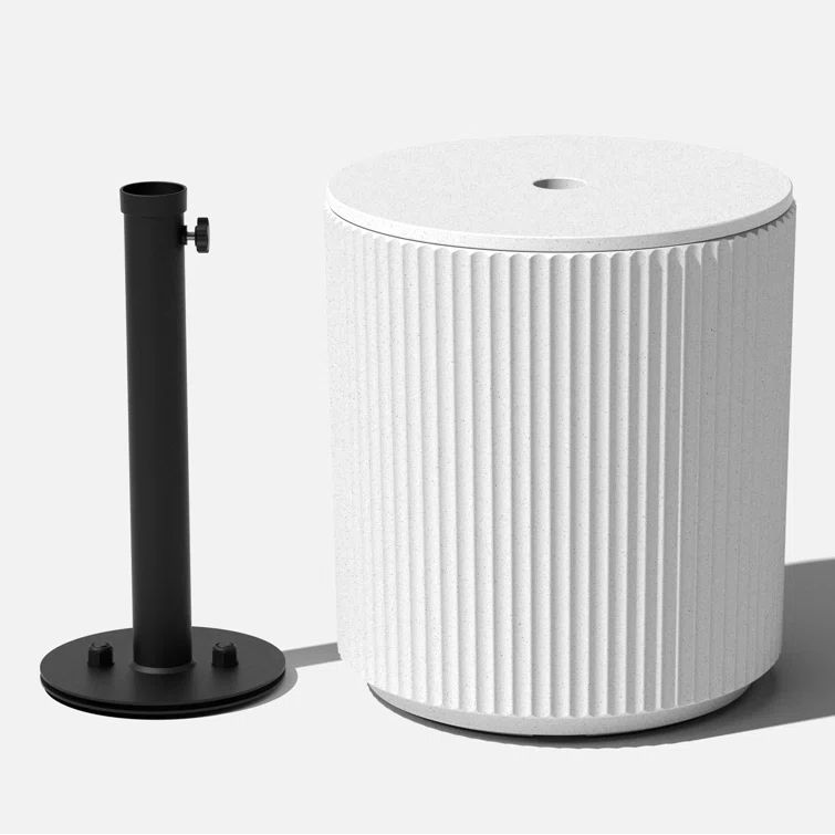 White Concrete-Composite Outdoor Side Table with Umbrella Hole