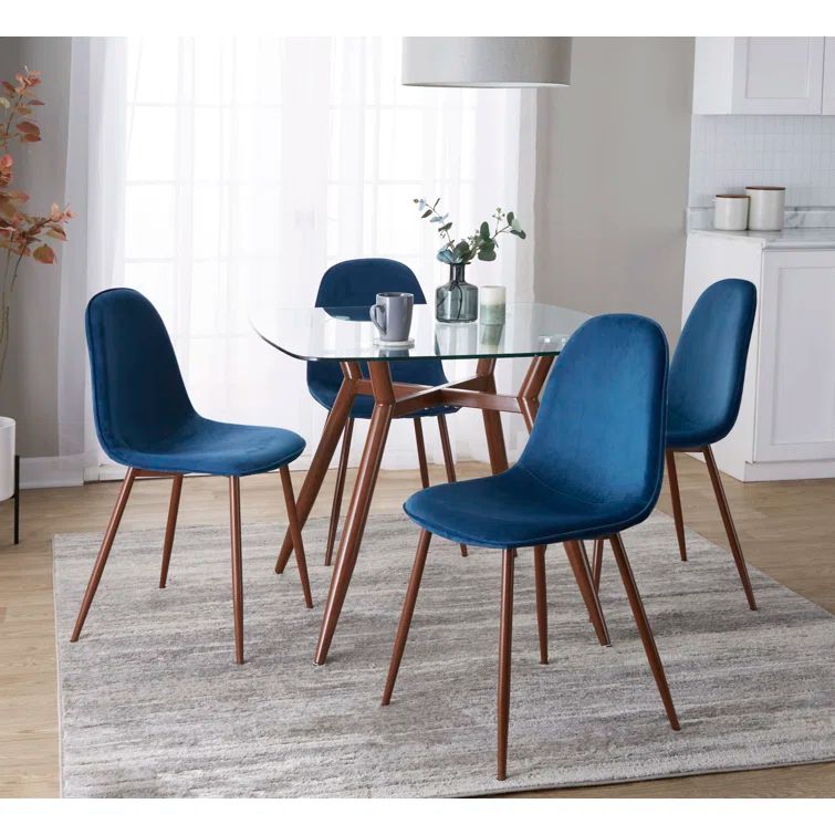 Mid-Century Modern Blue Velvet and Glass 5-Piece Dining Set