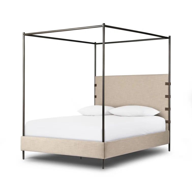 Beige Queen Upholstered Canopy Bed with Metal Frame