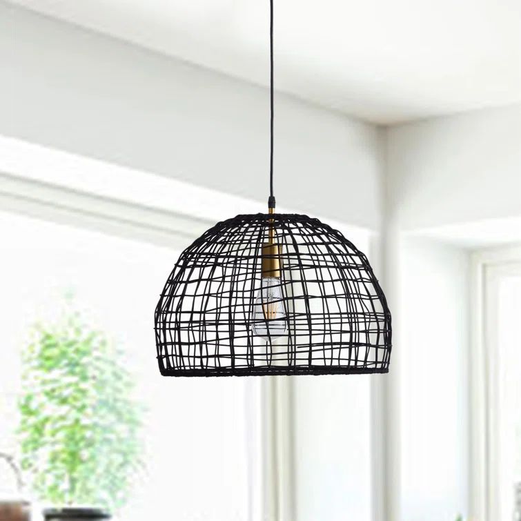 Black Rattan Dome Pendant Light with Brass Accents