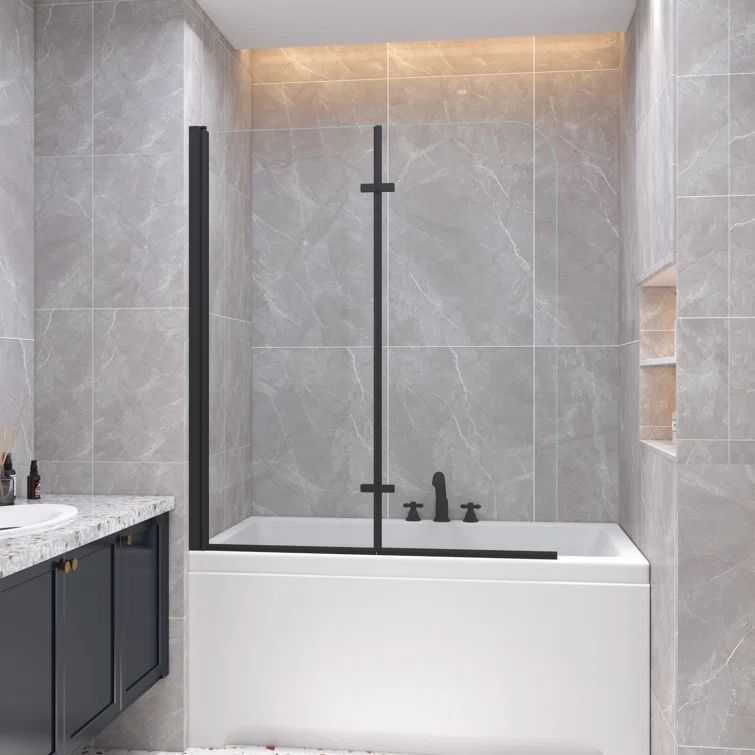 Matte Black Frameless Pivot Tub Door with Clear Glass