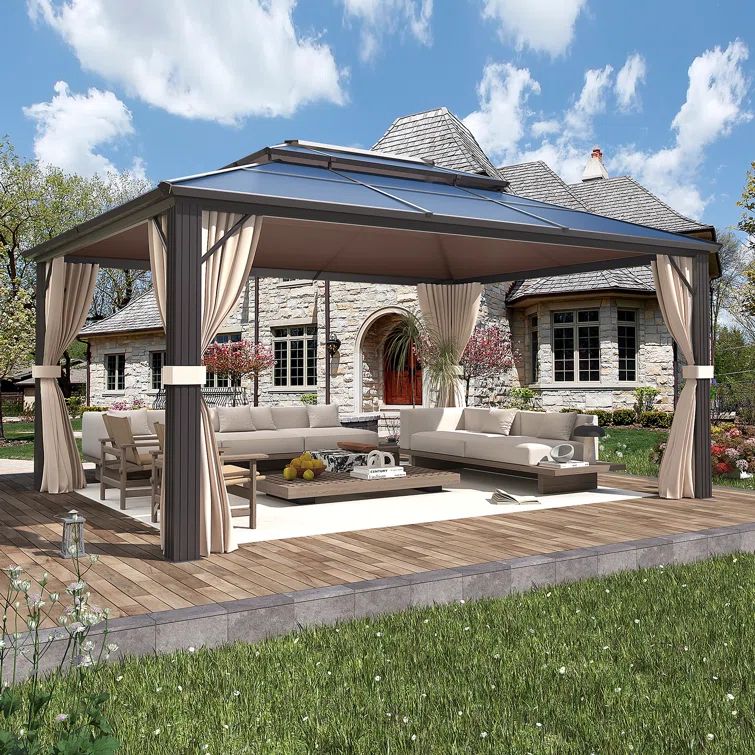 Large Beige and Brown Aluminum Hardtop Patio Gazebo with Curtains