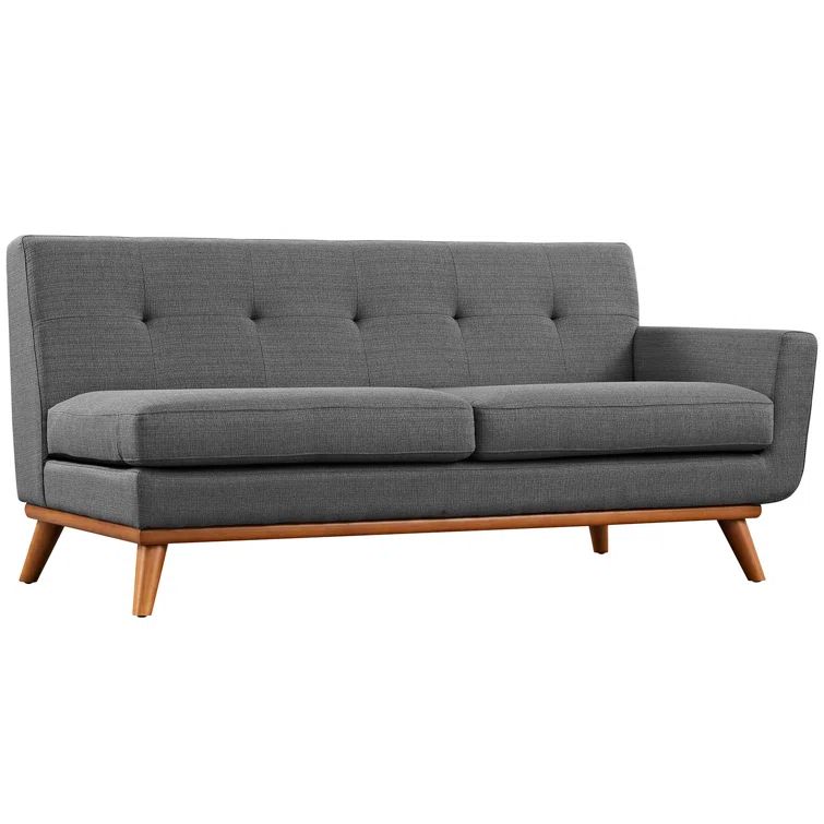 Sloping Curves Gray Fabric Tufted Loveseat with Solid Wood Legs