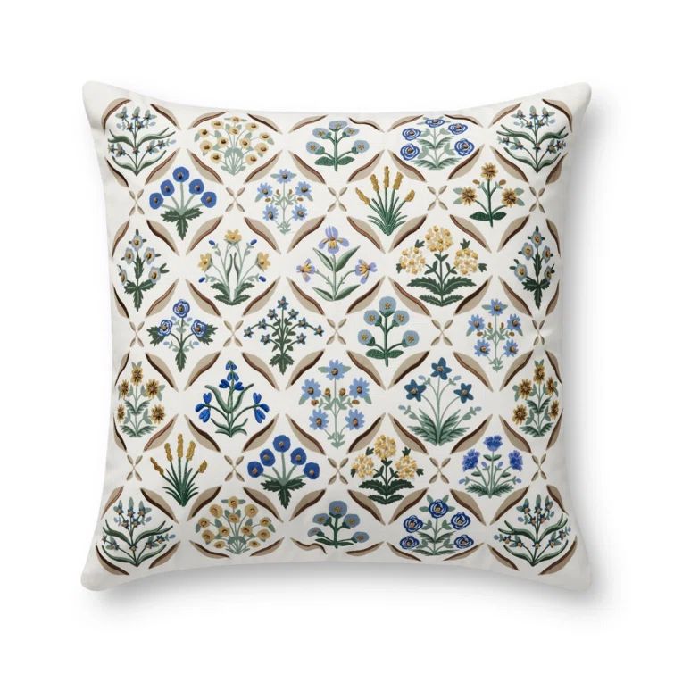 White and Multicolor Embroidered Floral 22" Pillow