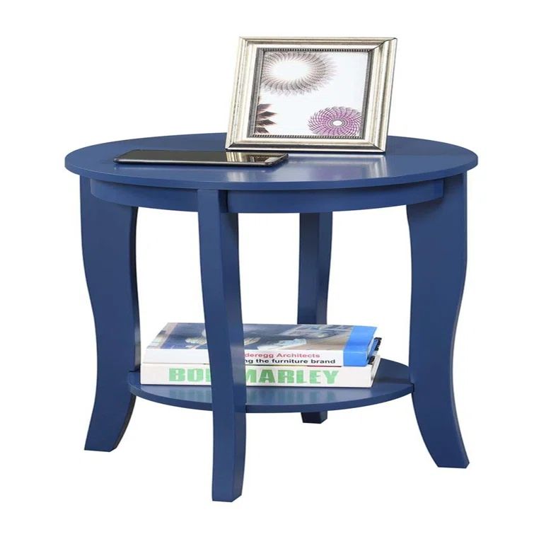 Cobalt Blue Round Wood End Table with Shelf