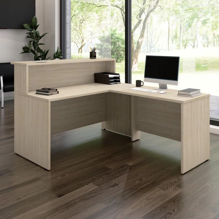 Natural Elm L-Shaped Reception Desk with Raised Shelf