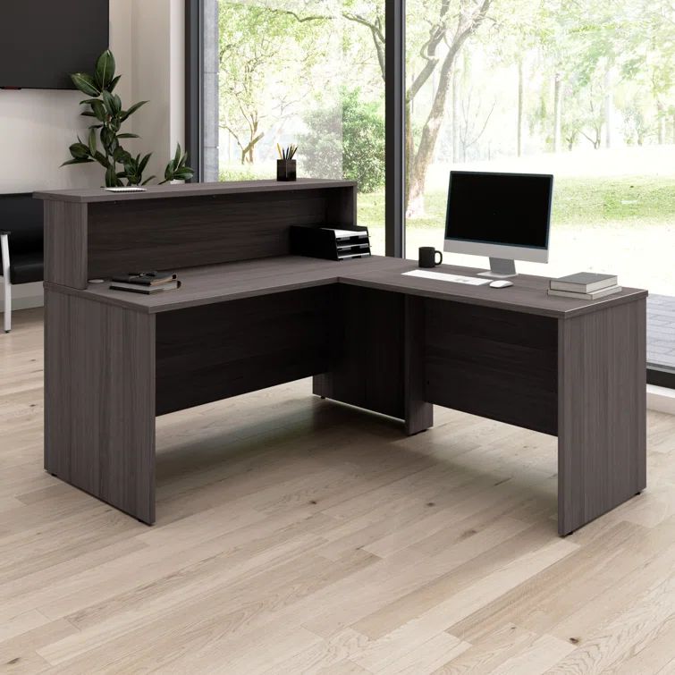 Storm Gray Wood L-Shaped Reception Desk with Raised Shelf