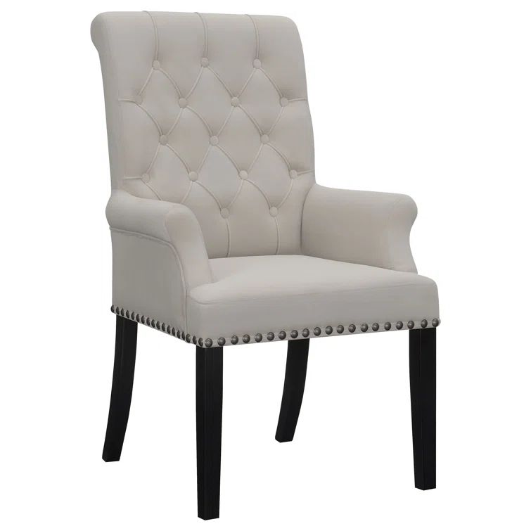 Beige Velvet Upholstered Traditional Arm Chair with Nailhead Trim