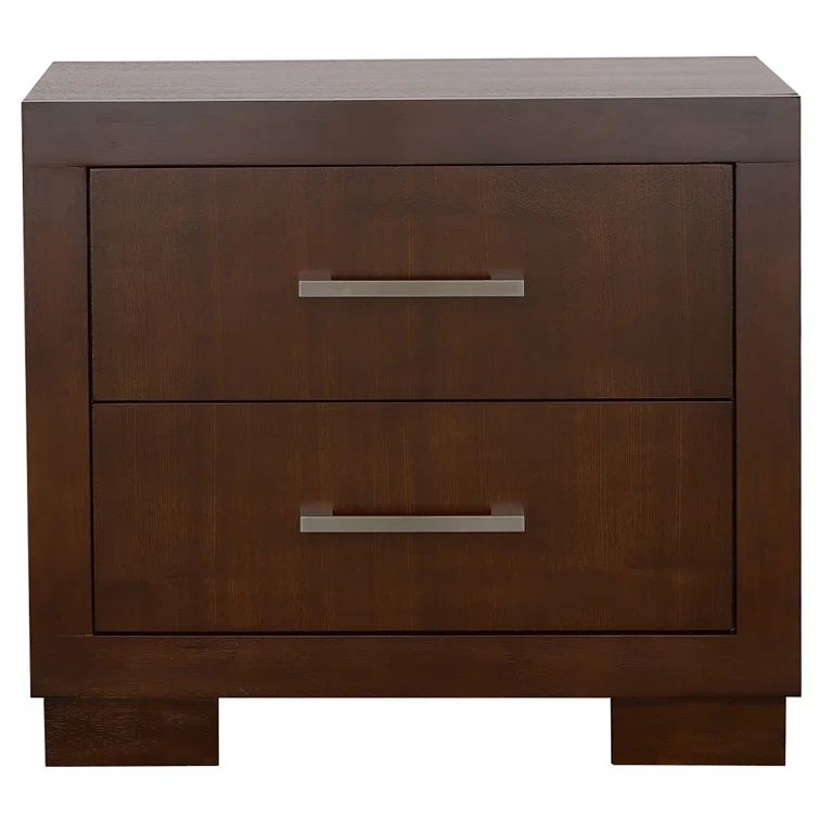 Transitional Cappuccino Brown 2-Drawer Nightstand with Silver Tone Bar Handles
