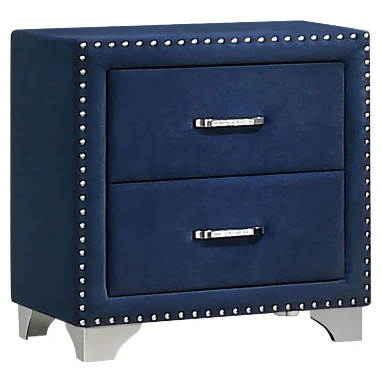 Pacific Blue Velvet Upholstered 2-Drawer Nightstand with Nailhead Trim
