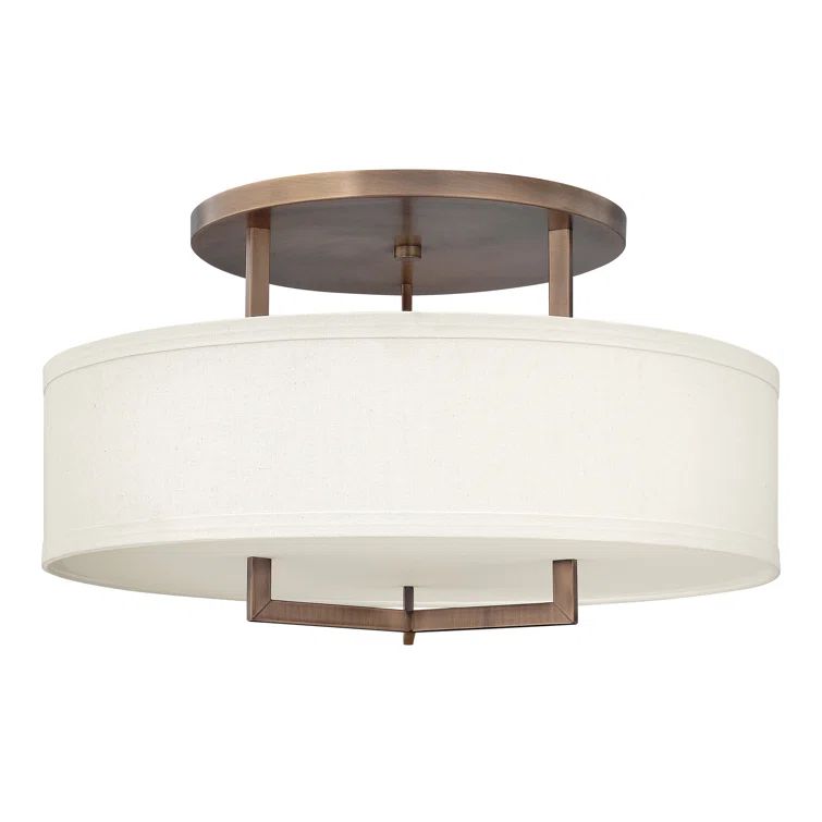 Brushed Bronze 26" Drum Semi-Flush Mount with Off-White Linen Shade