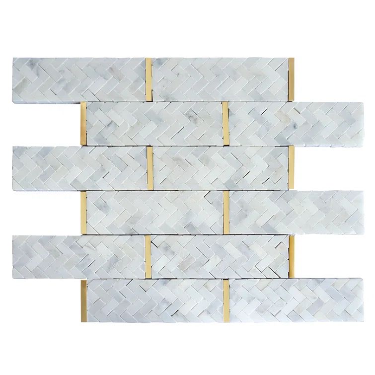 White and Gold Polished Marble Brick Joint Mosaic Tile