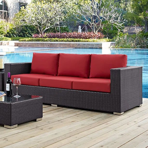Espresso Wicker Rattan Three-Seat Outdoor Sectional Sofa with Red Cushions