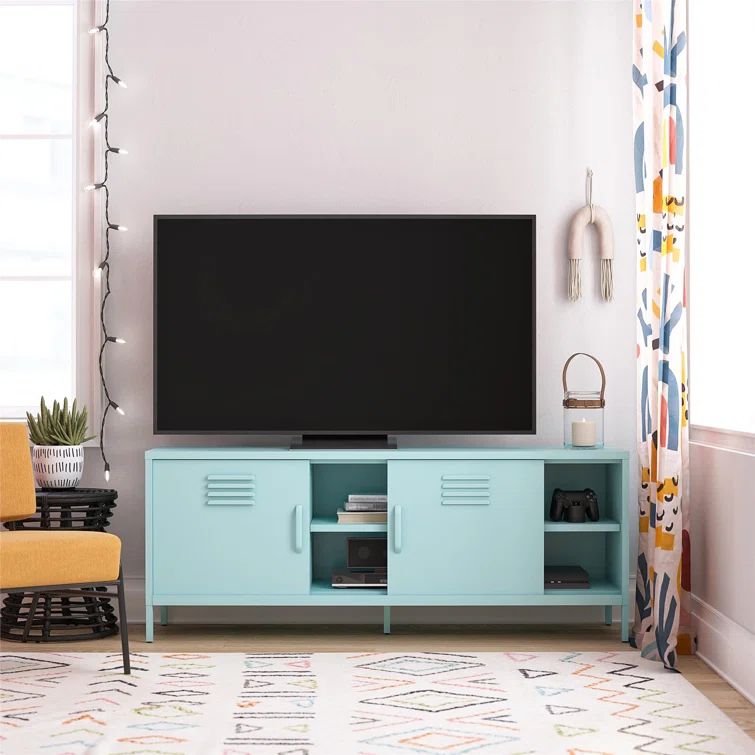 Mint Powder-Coated Metal TV Stand with Sliding Doors