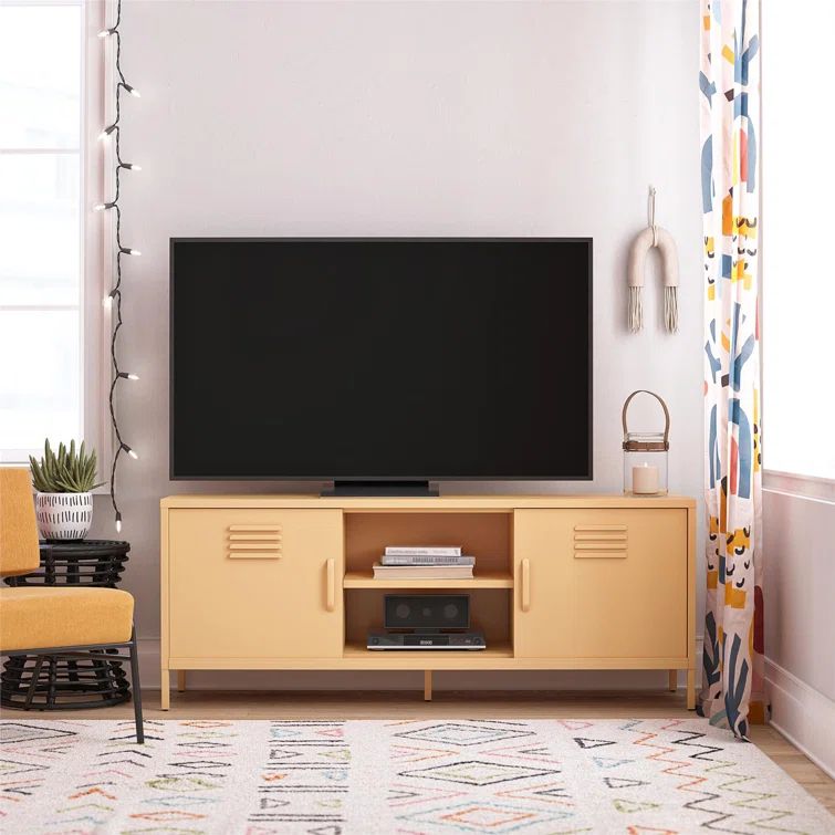 Yellow Metal Locker-Style TV Stand with Sliding Doors for 65" Screens