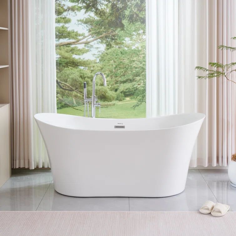 67-Inch White Acrylic Freestanding Soaking Bathtub with Polished Chrome Overflow