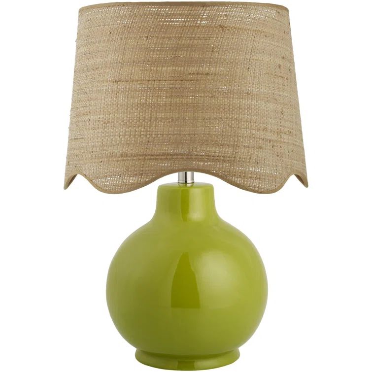 Green Ceramic Table Lamp with Tan Rattan Shade