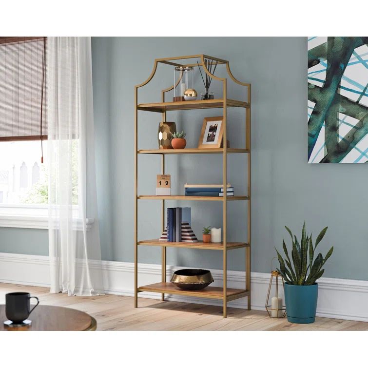Luxurious Sindoori Mango & Satin Gold 5-Level Open Shelf Bookcase