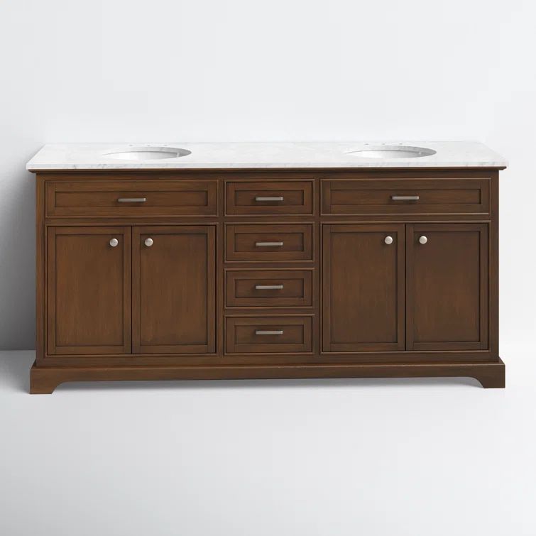 Teak and Carrara White Marble Double Bathroom Vanity with Porcelain Sinks