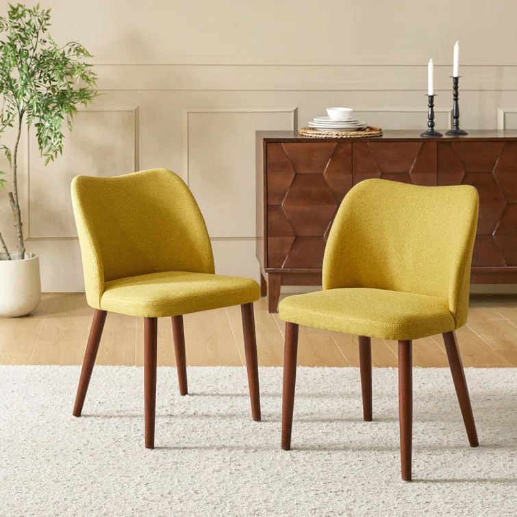 Mustard Upholstered Dining Chairs with Walnut Wood Legs, Set of 2