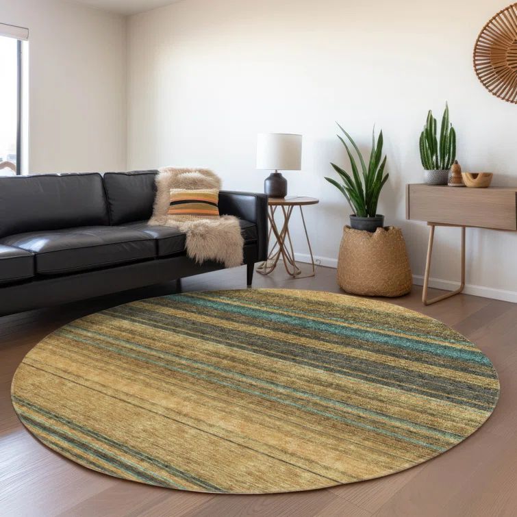 Wheat and Gray Round Synthetic Stripe Rug 8' x 8'