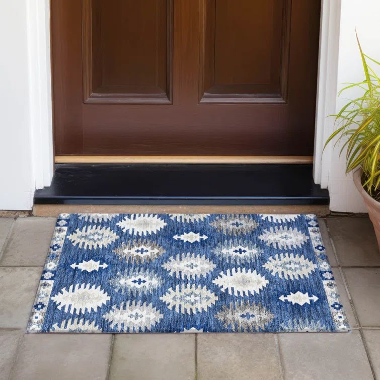 Navy and White Synthetic Flat Woven Rectangular Rug