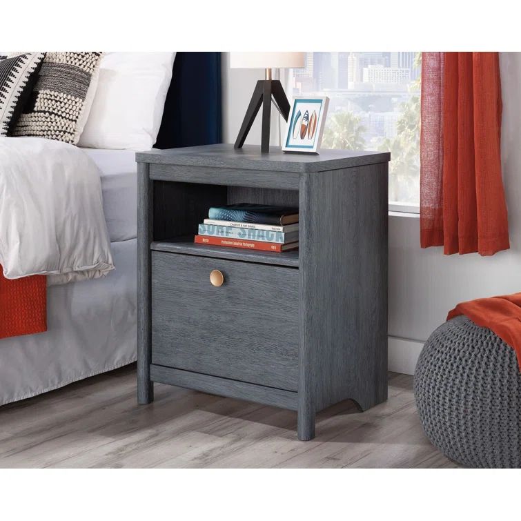 Dover Edge Denim Oak Nightstand with Drawer and Open Shelf