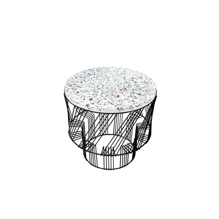 Sleek Black Iron Base Terrazzo Round End Table
