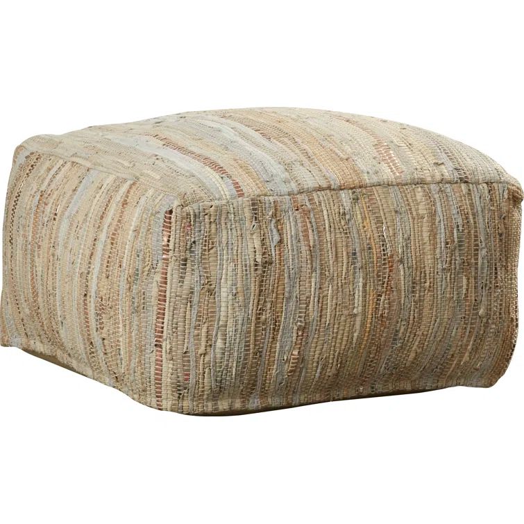 Bolin 24'' Square Woven Leather Pouf in Cream & Pale Blue