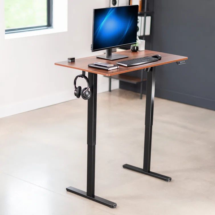 Electric Adjustable Height Black Frame Standing Desk, Dark Walnut Top