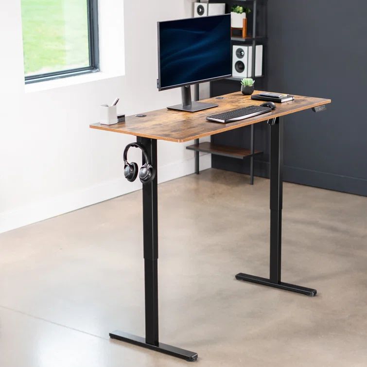 Vivo 55" Adjustable Height Standing Desk, Vintage Brown Wood Composite Top, Black Frame