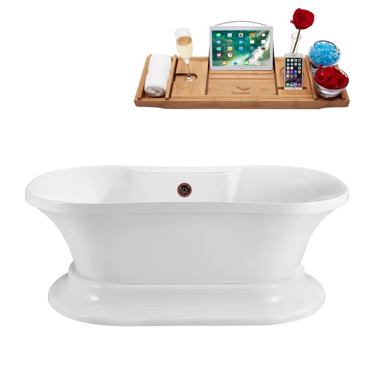 60" Glossy White Acrylic Freestanding Soaking Tub with Bamboo Tray