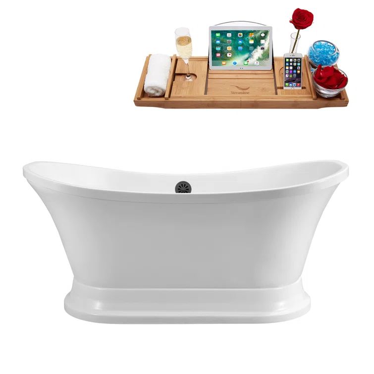 68" Glossy White Acrylic Freestanding Soaking Tub with Bamboo Tray