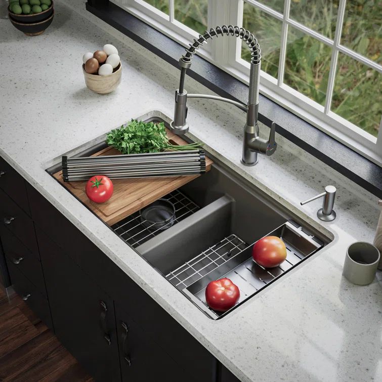 Concrete Quartz Double Bowl Undermount Kitchen Sink with Workstation