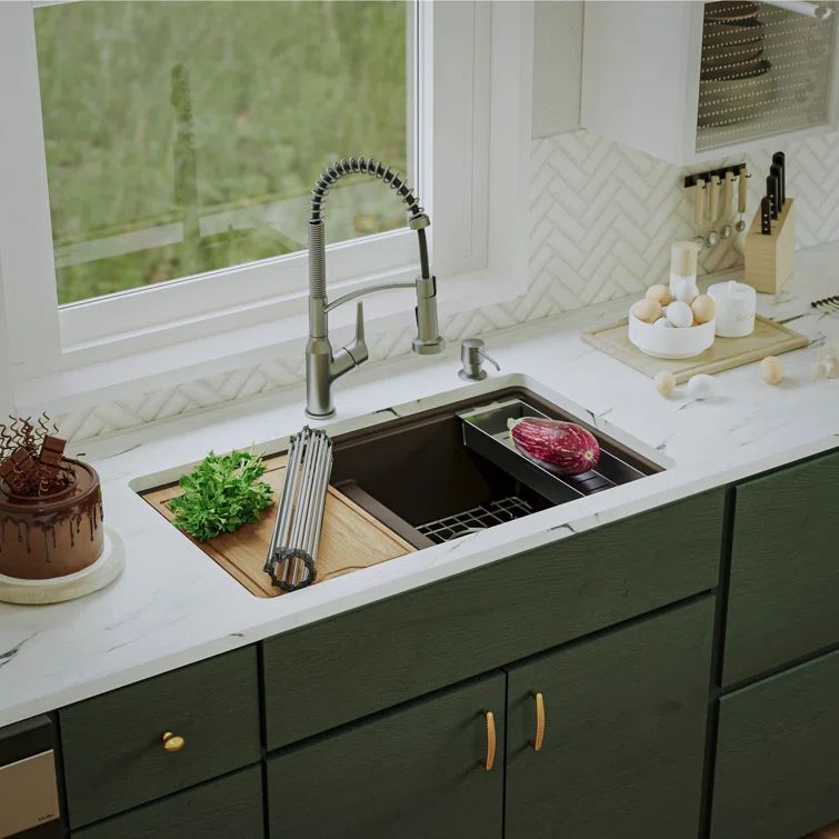 Brown Quartz Double Bowl Undermount Kitchen Sink with Workstation