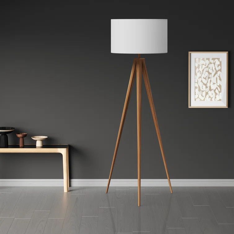 Natural Wood Tripod Floor Lamp with White Drum Shade