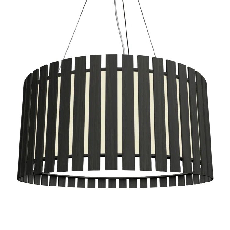 Matte Black Drum Pendant Light with Wood Veneer Shade