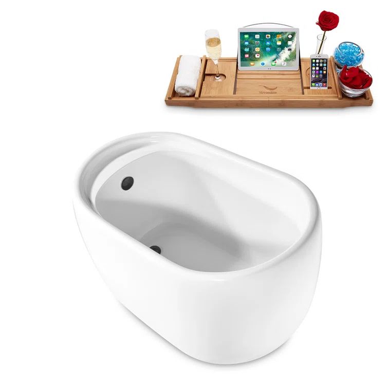 51" Glossy White Freestanding Acrylic Soaking Bathtub with Bamboo Tray