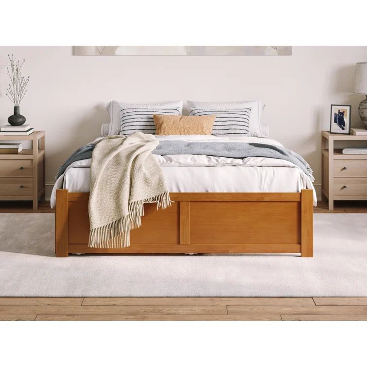 Light Toffee Queen Wood Platform Bed with Trundle and Slats