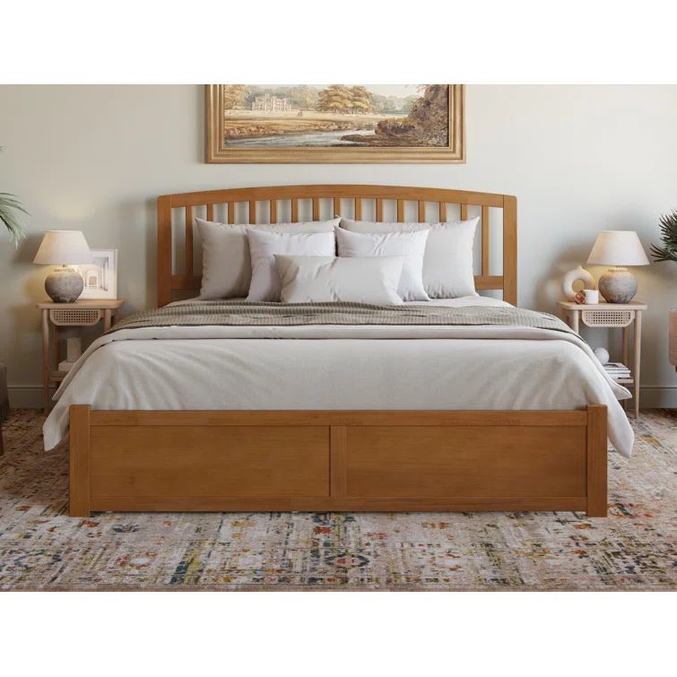 Light Toffee King Wood Platform Bed with Slats and Headboard