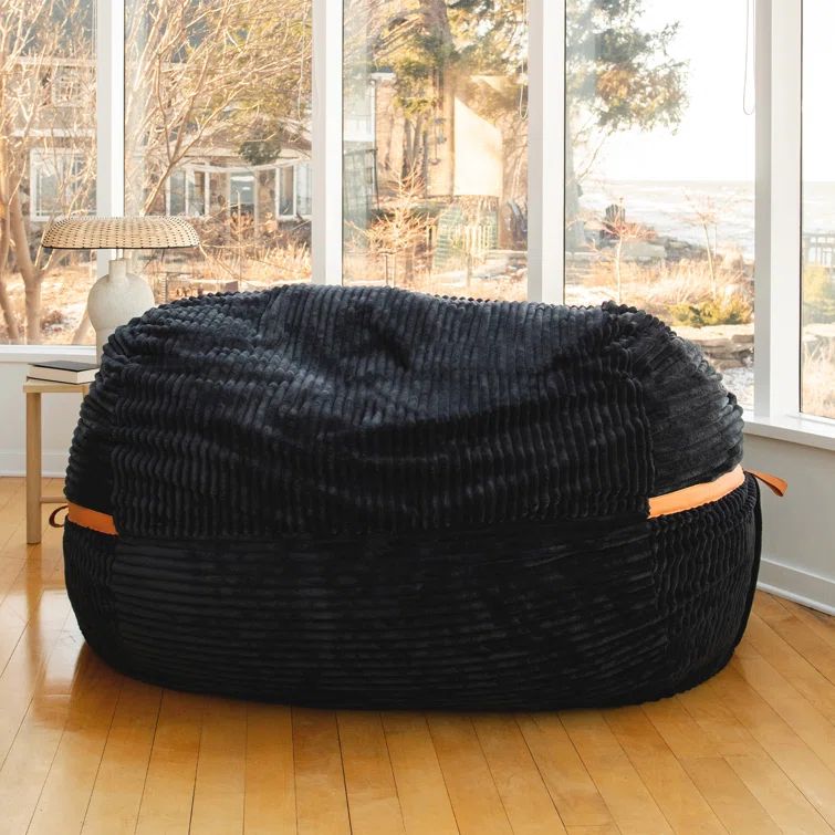 XXL Black Licorice Corded Plush Bean Bag Chair with Removable Cover