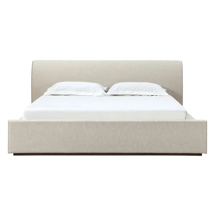 Natural Linen Upholstered Queen Platform Bed with Headboard and Drawer