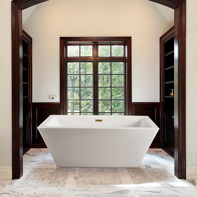 Glossy White Acrylic Freestanding Clawfoot Bathtub with Brushed Gold Trim
