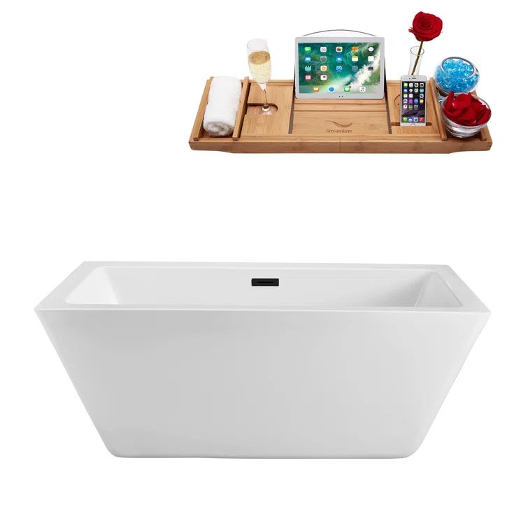 59" White Acrylic Freestanding Soaking Bathtub with Bamboo Tray