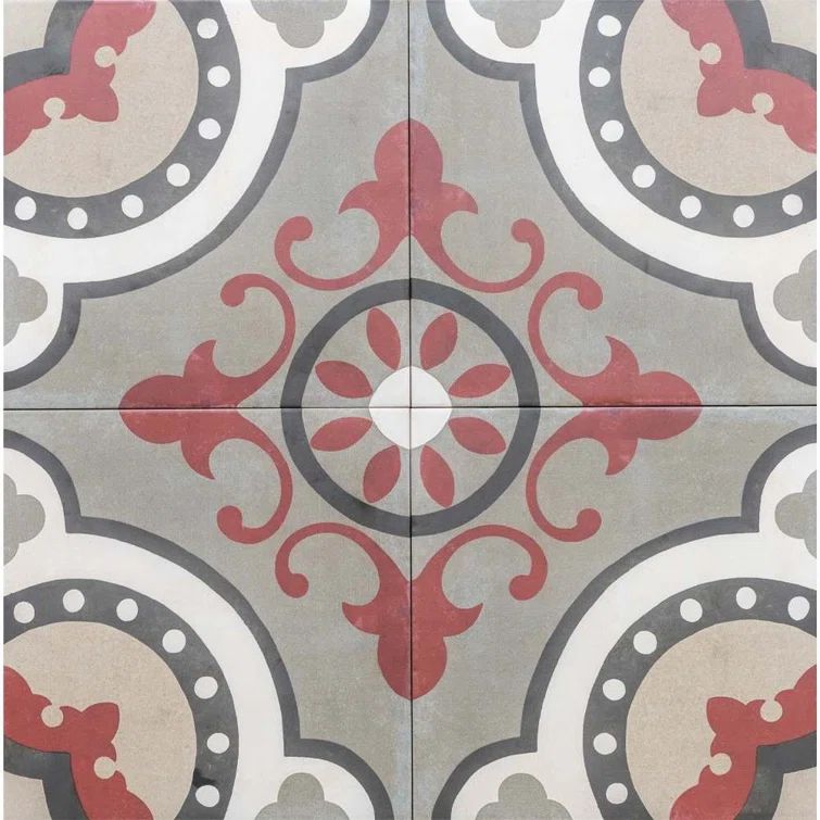 Art Deco Red and Gray 8" x 8" Porcelain Floor and Wall Tile