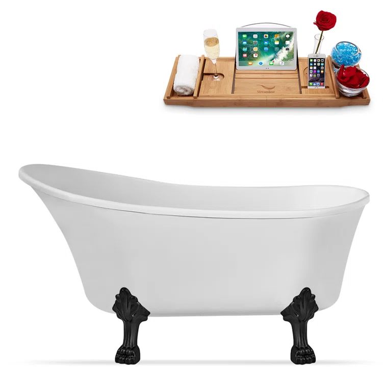 55" Glossy White Acrylic Clawfoot Soaking Tub with Matte Black Feet and Bamboo Tray