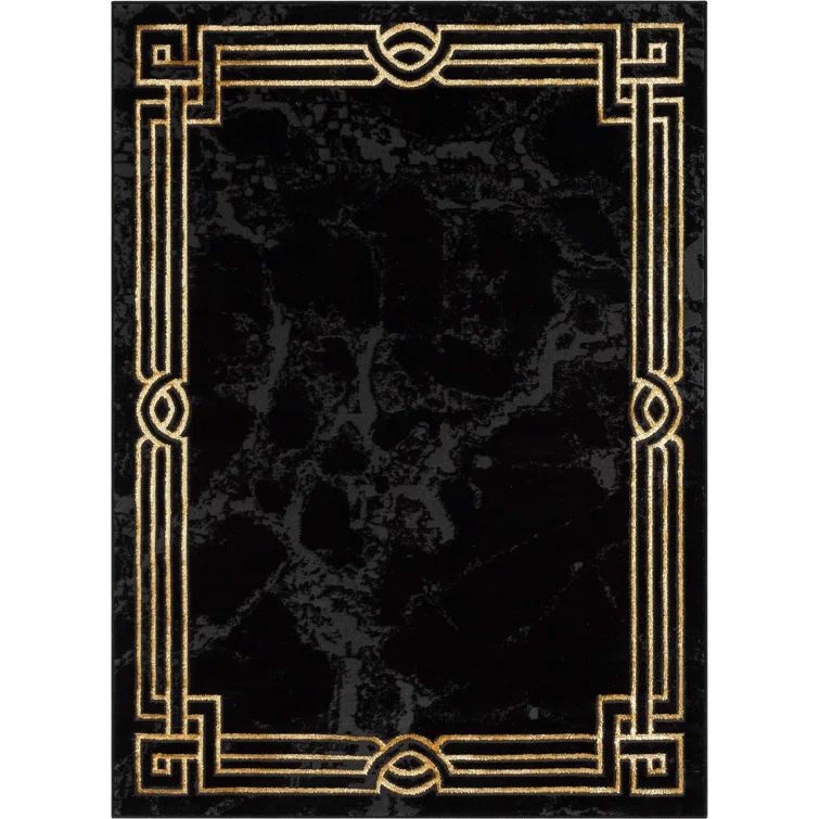 Black and Gold Abstract Rectangular Synthetic Area Rug 8' x 10'