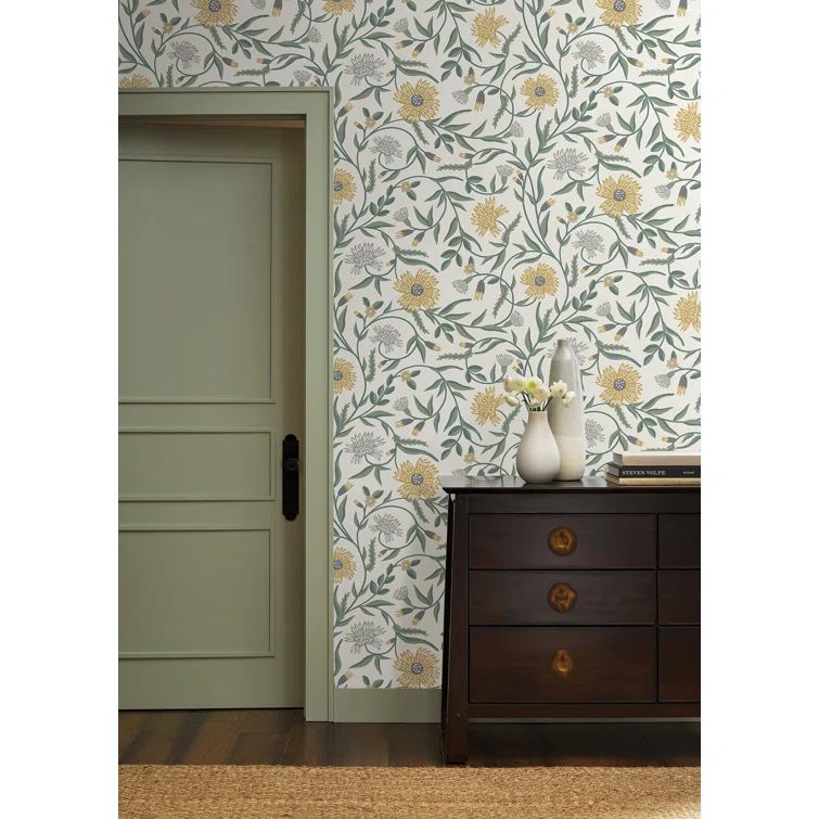 Gold and Green Floral Non-Pasted Washable Wallpaper