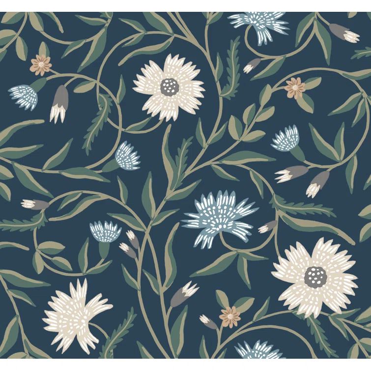 Navy Floral Non-Pasted Washable Wallpaper